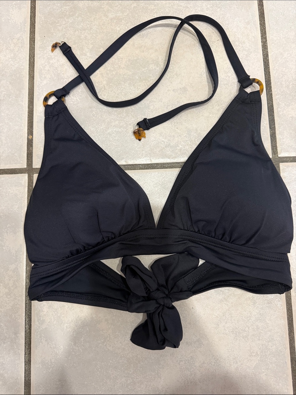 Tommy Bahama Black Tie-Back Halter Bikini Top with Tortoise Ring Detail